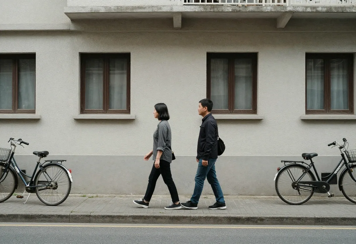 Two people walking together along a quiet residential street in flat daylight