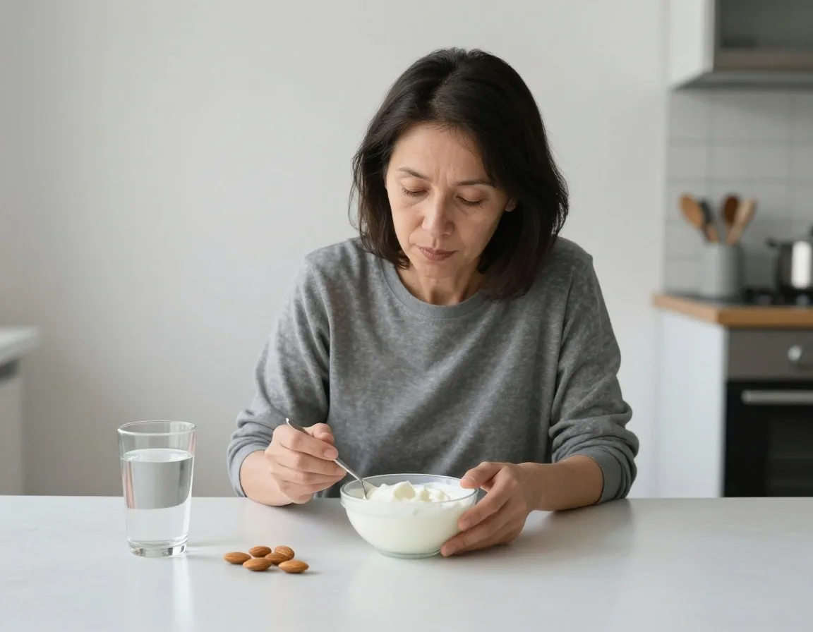 A planned afternoon snack of plain yoghurt, almonds and water on a work kitchen counter